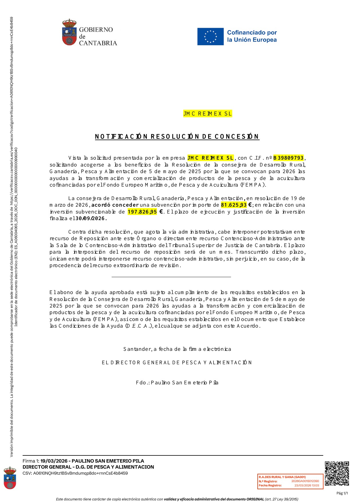 Notificación de concesión de ayuda 2025 - JMC Reimex SL